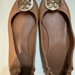 Tory Burch Cognac Leather Ballet Flats with Gold Logo
